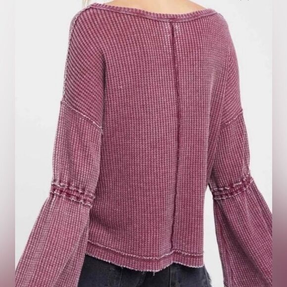 We The Free beet tone burnout sunwashed thermal bell sleeve split neckline top. - Picture 3 of 9